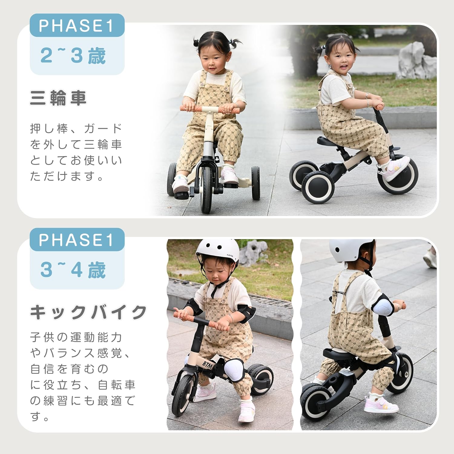 子供用三輪車 4in1 ミント×ブルー 三輪車のりもの押し棒付き 自転車